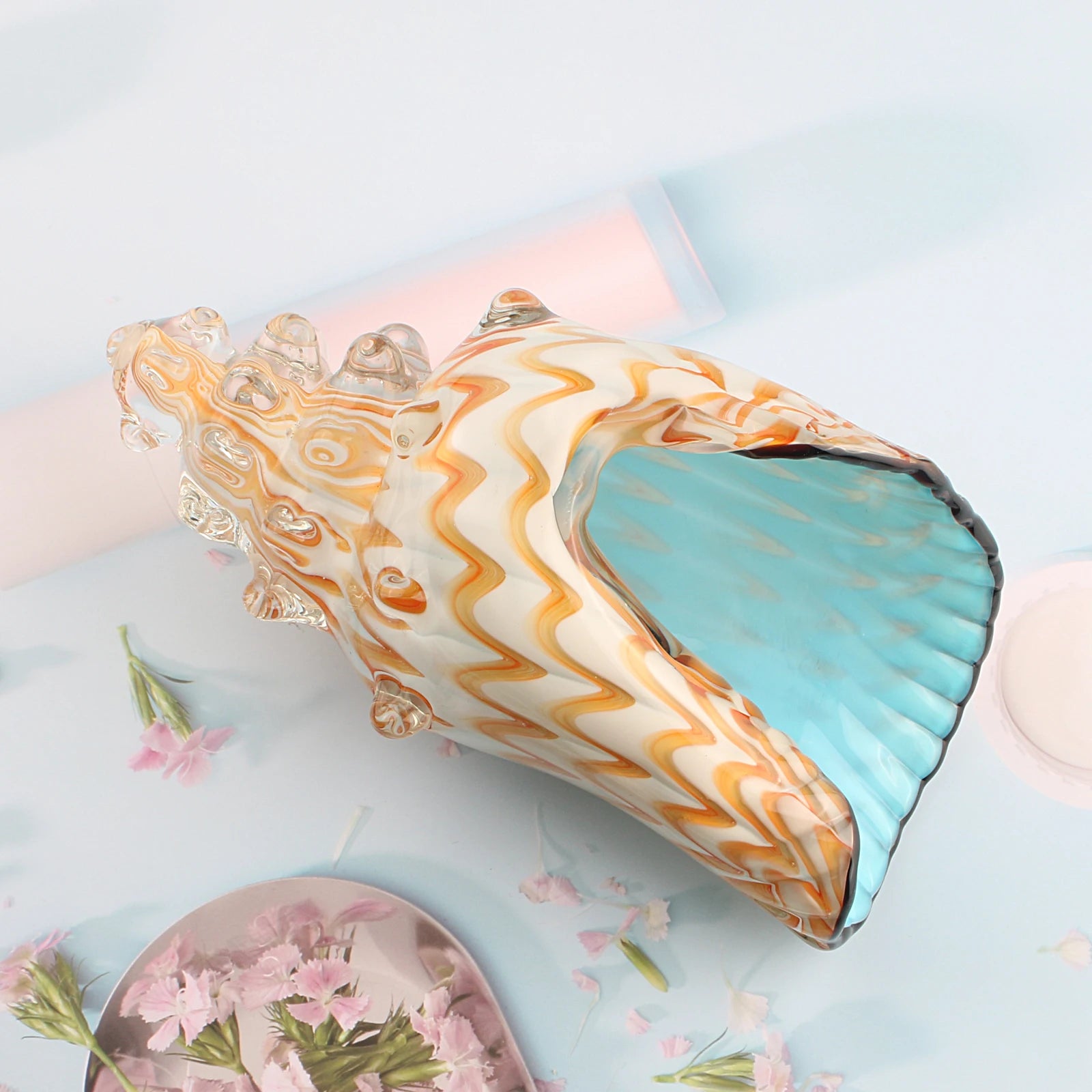 Hand Blown Glass Conch - Blue and Yellow