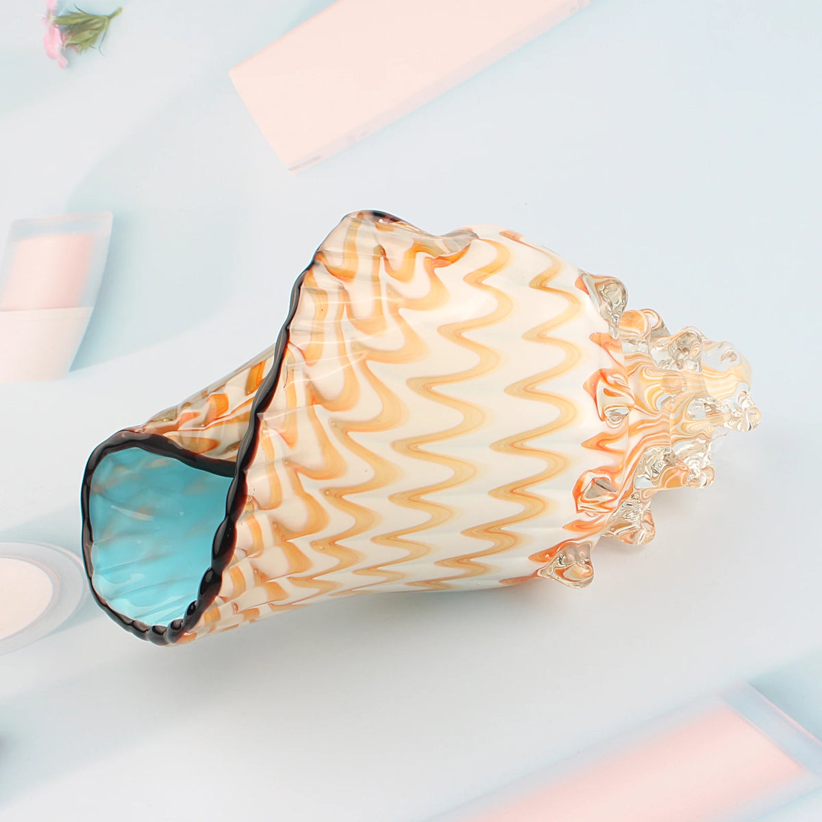 Hand Blown Glass Conch - Blue and Yellow