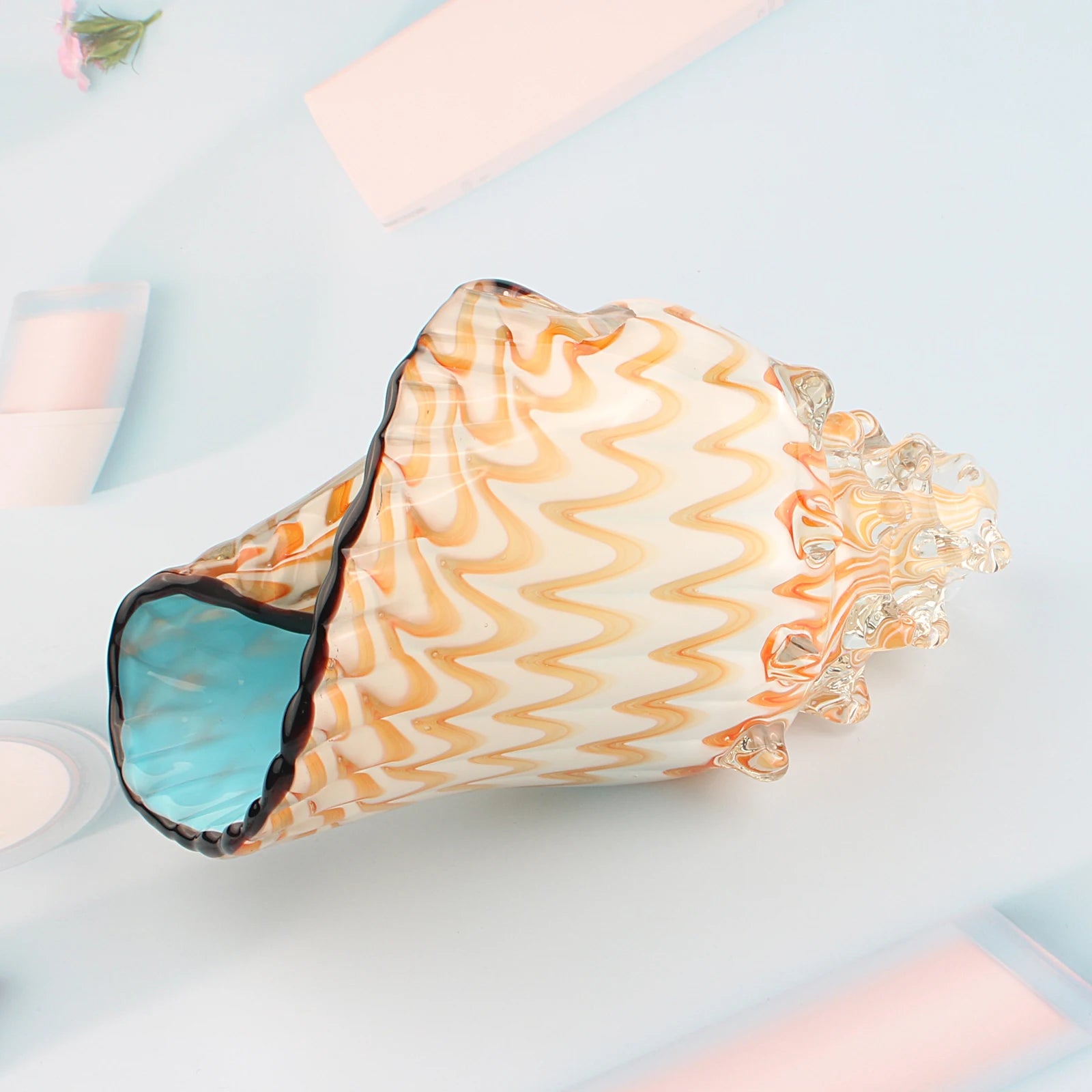 Hand Blown Glass Conch - Blue and Yellow