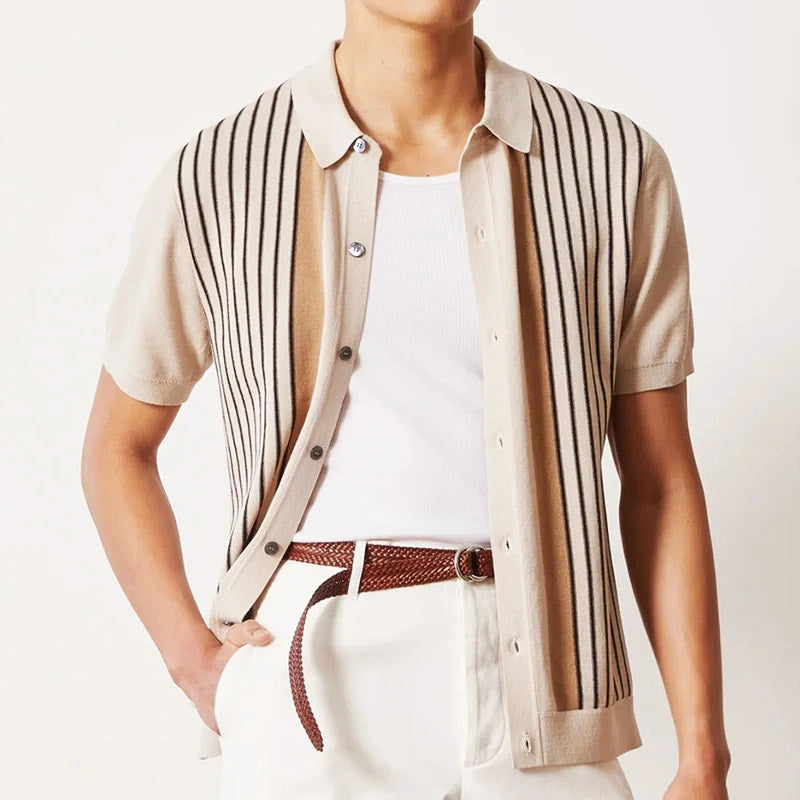 Vertical Stripe Knit Polo in Taupe