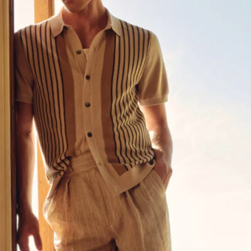 Vertical Stripe Knit Polo in Taupe