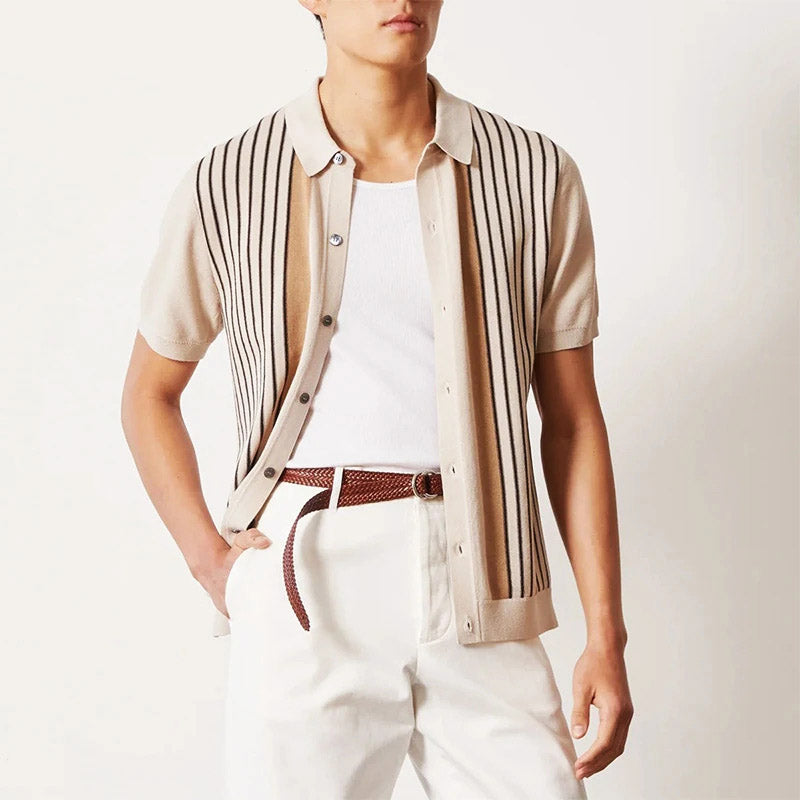 Vertical Stripe Knit Polo in Taupe