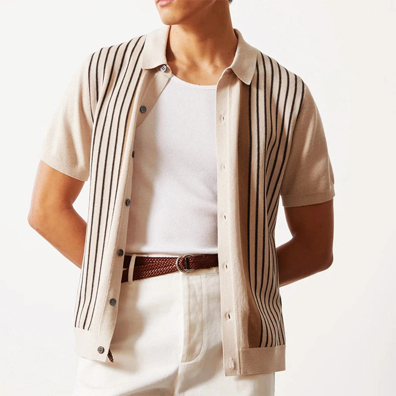 Vertical Stripe Knit Polo in Taupe