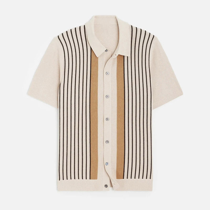 Vertical Stripe Knit Polo in Taupe